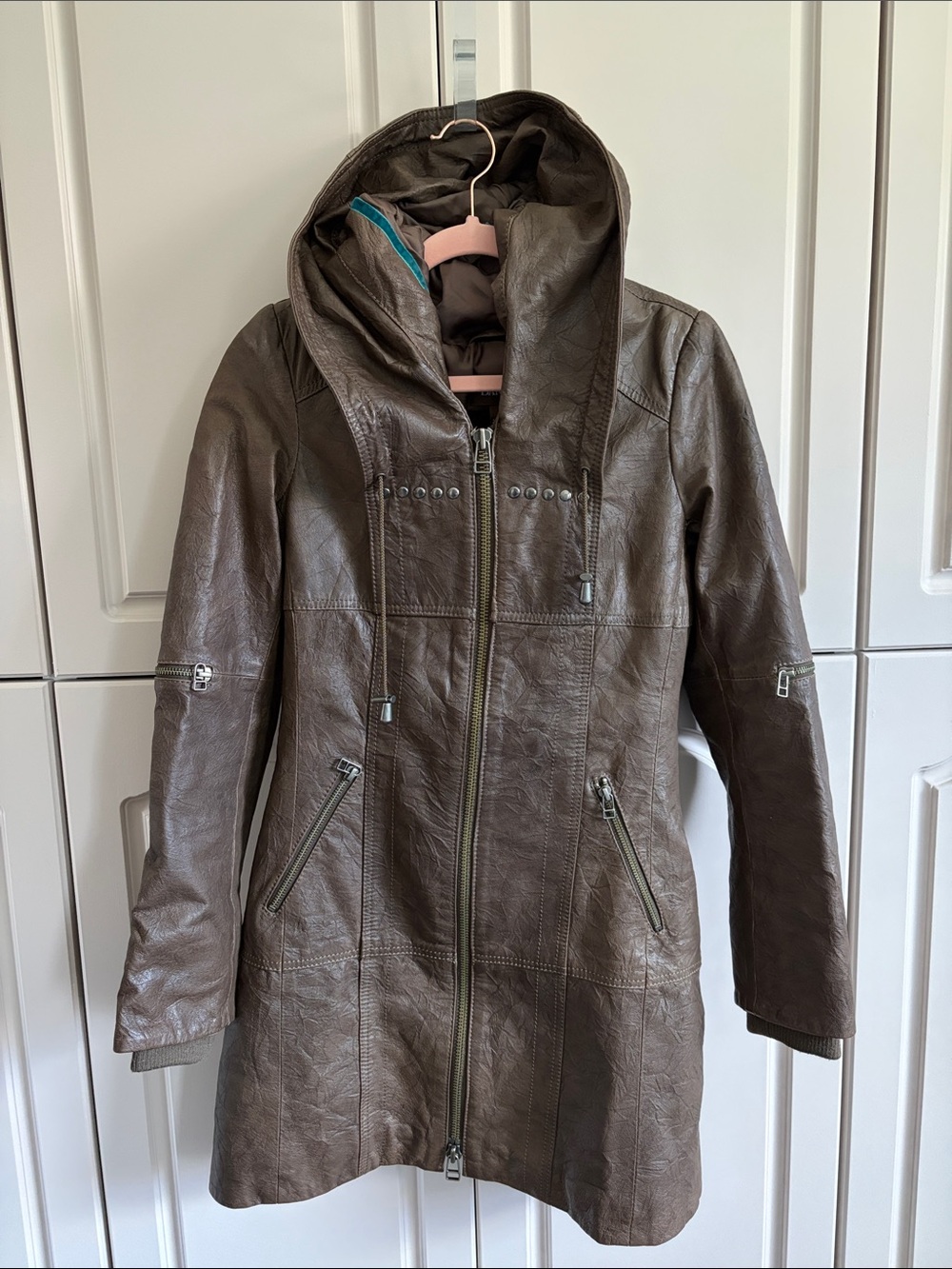 Danier Brown Genuine Leather Jacket with Double Zipper & Hood 3XS